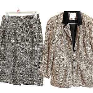Adrianna Papell Safe Silk polka dot brown tan skirt blazer suit set size 12